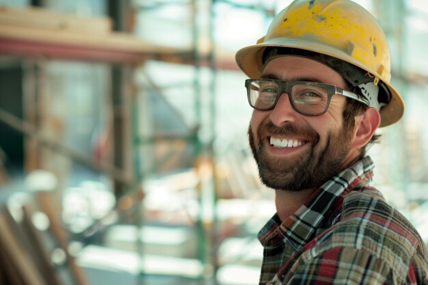 Close view of an elderly male builder in special uniform at a construction site