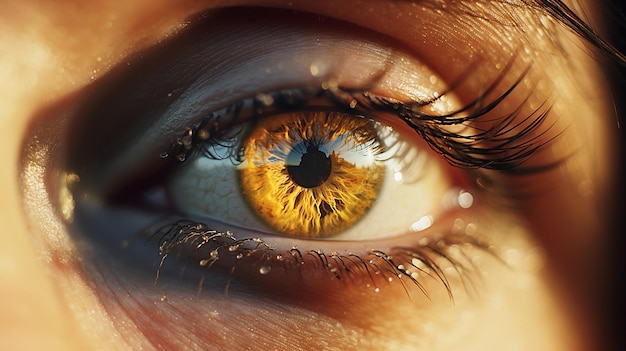 Close view of an eye with yellow iris and a reflection