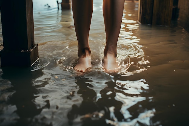 Photo close view of feet in floodwater crisis visualized