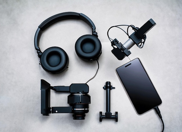 Close view of headphone camera tripod and phone