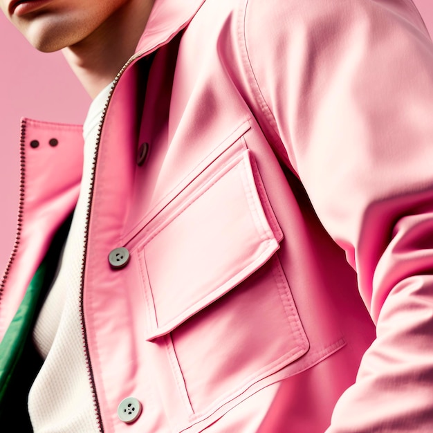 Close view of a man39s pink jacket pocket on a pink background Generative AI