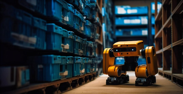 Close view robot in a large warehouse