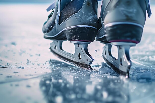 Close view of skates on ice surface