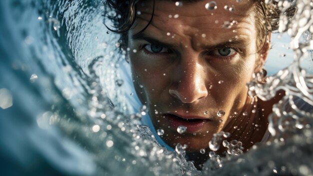 Close view of surfer in barrel wave capturing skill and water clarity