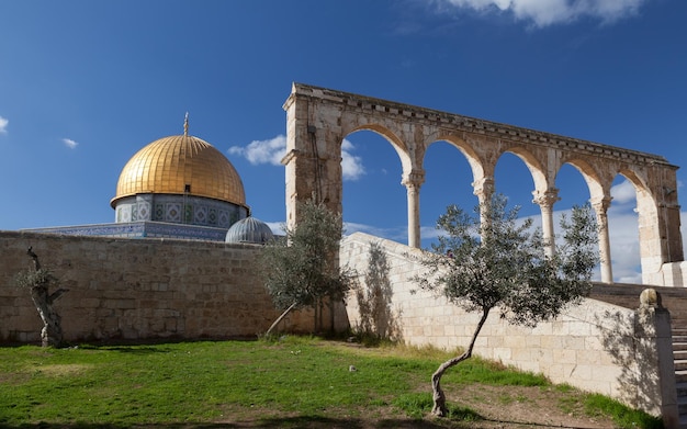 Close view of the temple on the temple mount with arches