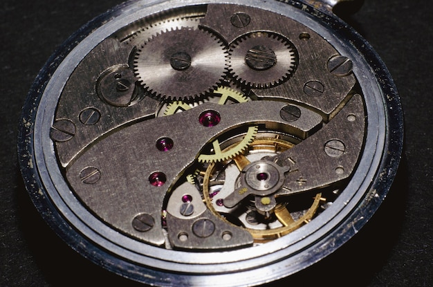 Close view of a vintage beautiful watch mechanism.