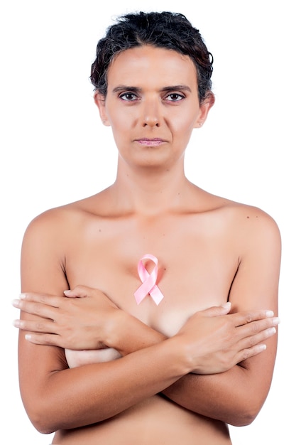 Close view of woman with pink breast awareness cancer ribbon