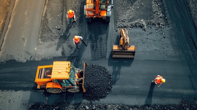 Close view on the workers and the asphalting machines