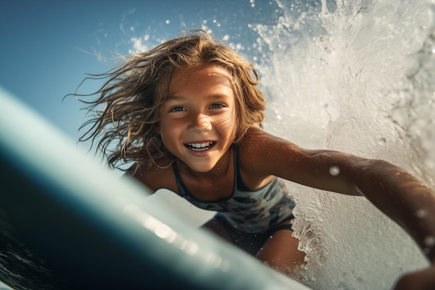 Close wide angle opname van een klein meisje dat surfen leert met zeewater spetteren