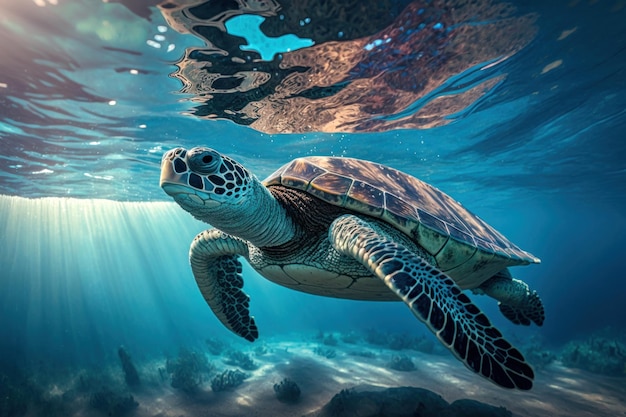 물 표면을 통해 햇빛과 함께 아름다운 자연 바다 배경 위에 떠 있는 가까운 야생 거북이 Generative AI