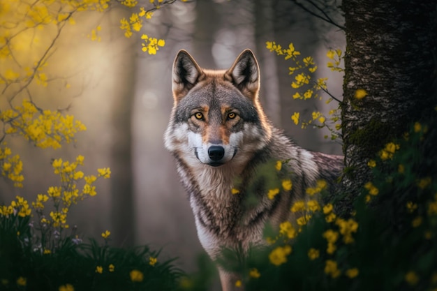 Close wild Wolf in nature habitat Generative AI