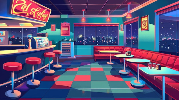 Photo closed american diner in vintage style fast food restaurant modern cartoon illustration with tables red sofas signboards and cashbox at night