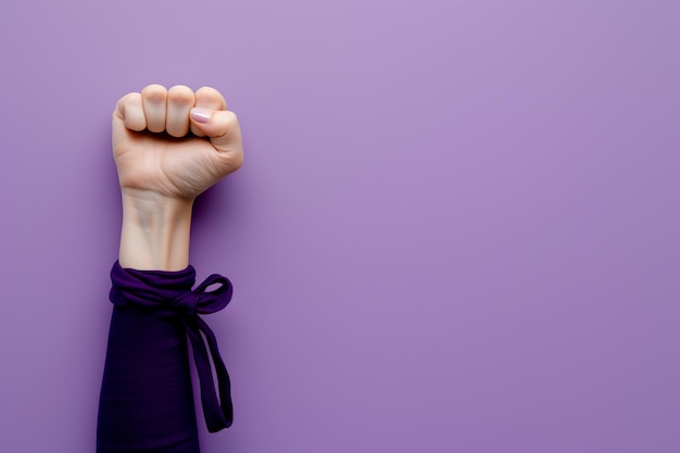사진 보라색 스카프를 입은 여성의 닫힌 그리고 올린 주먹 페미니즘과 평등