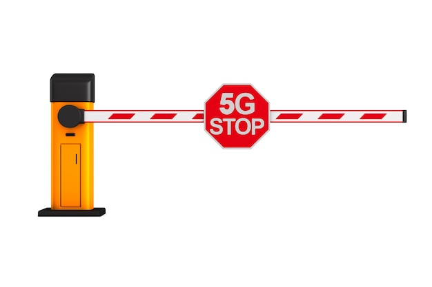 Closed automatic barrier with sign 5G stop. Isolated 3D rendering