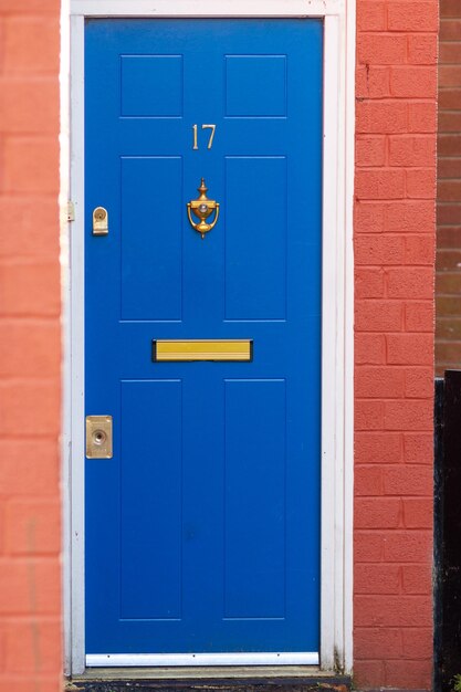 Closed blue door of building