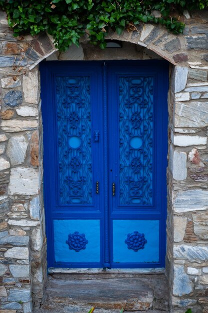 Closed blue door of building