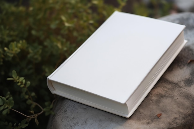 closed book with blank covers perched on a stone in nature