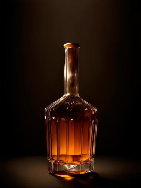 A closed bottle of spirit drink on a dark background with copy space