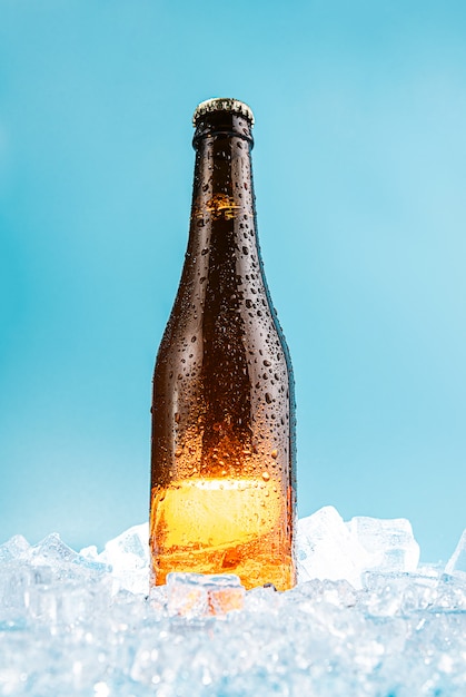 Closed brown glass beer bottle on ice