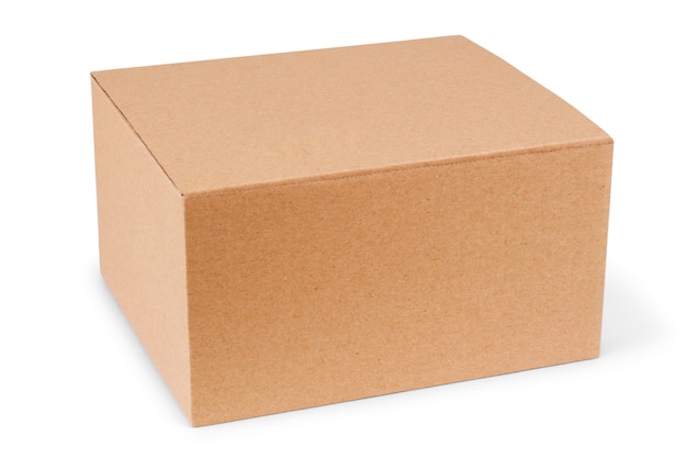 Closed cardboard box taped up and isolated on a white background.