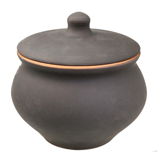 Photo closed ceramic pot from black unglazed clay