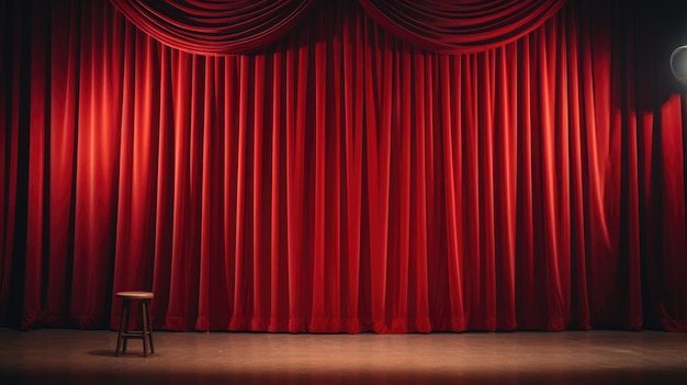 Closed crumpled red curtain over empty theater stage AI Scene in a standup club