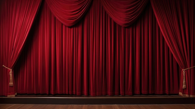 Closed crumpled red curtain over empty theater stage AI