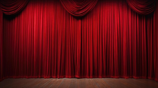 Closed crumpled red curtain over empty theater stage AI