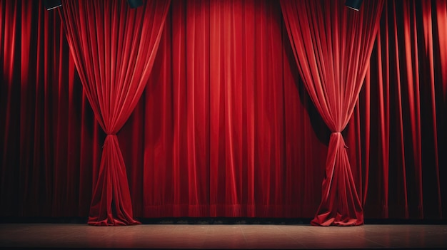 Closed crumpled red curtain over empty theater stage AI