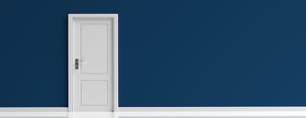 Photo closed door white on dark navy blue wall background banner 3d illustration