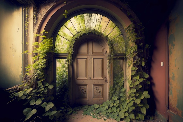 Closed door with doorway in garden overgrown with dense greenery