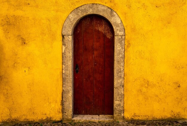 Closed door of yellow wall