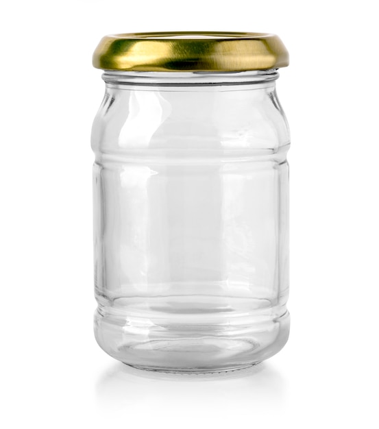 白で隔離される金属のふたが付いている閉じた空のガラス瓶
