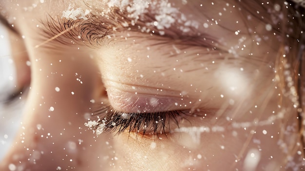 Closed eyes with frost or snow on eyelashes macro closeup in winter on a beige backg Generative AI