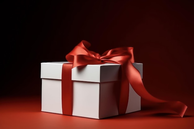 Closed gift box with red bow red background