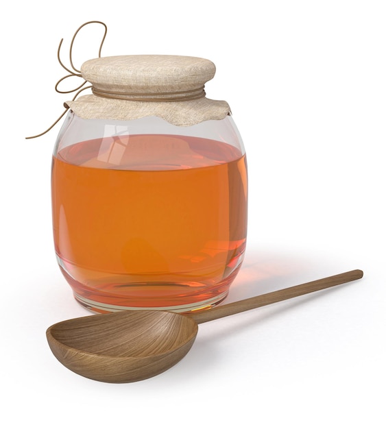 The closed glass capacity of honey with a wooden spoon