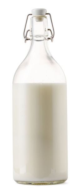 Closed glass milk bottle isolated on white background