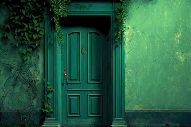 Photo closed green front door of house against background of green wall