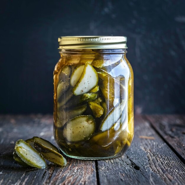 Closed jar of pickles On dark rustic background