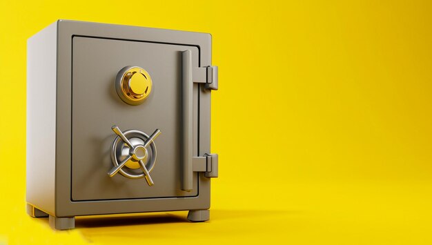 노란색 배경에 고립 된 금속 상자 은행 안전 기호 3D 렌더링 복사 공간