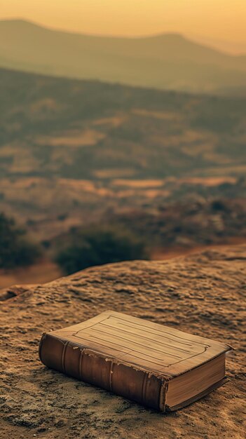 Closed old book laying on a rock with a blurred mountainous landscape in the background at sunset