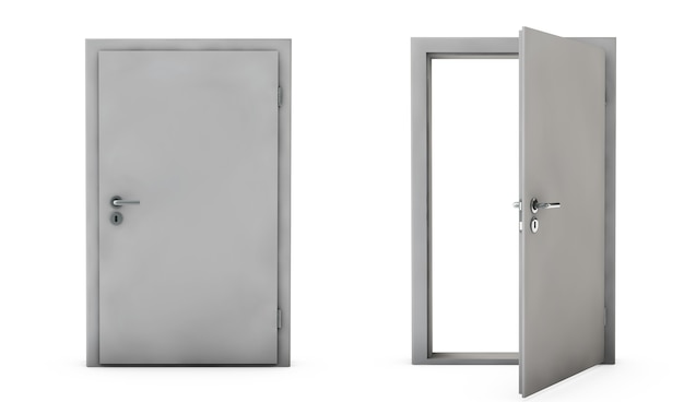 閉じたドアと開いたドアの分離された3Dレンダリング