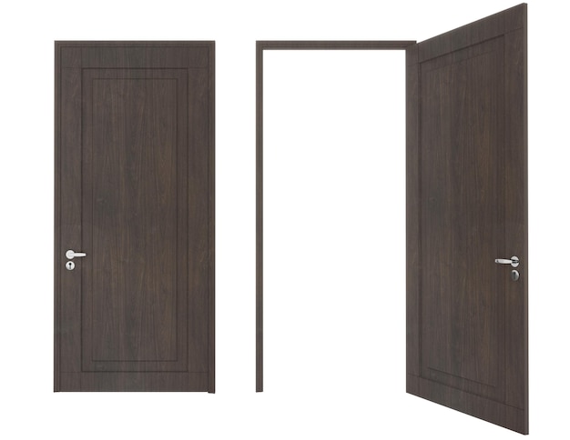 Porte chiuse e aperte venature del legno su sfondo bianco rendering door3d isolato