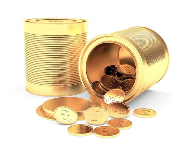 Closed and open golden cans with spilled coins