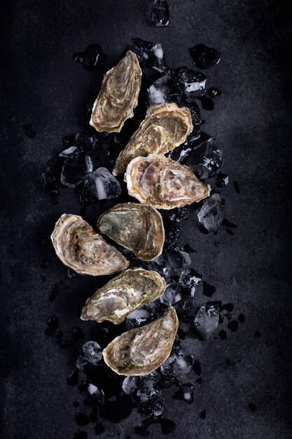 Closed oysters on black background. Healthy sea food