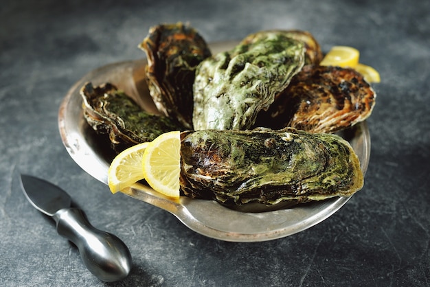 Closed oysters with lemon slices on a plate