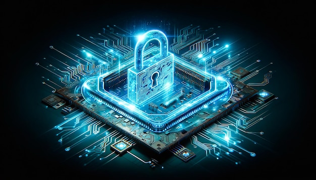Закрытый замок на цифровых микросхемах синий фон абстрактный свет Концепция кибербезопасности