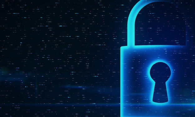閉じたパッドロックのアイコンが ⁇ ぼやけた没入型サイバーセキュリティネットワークインターフェースの上に