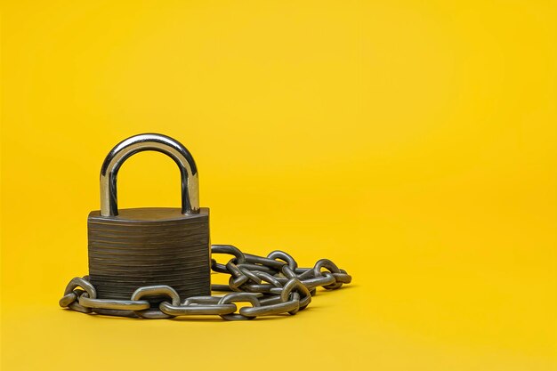 closed padlock with chain on yellow background with copy space