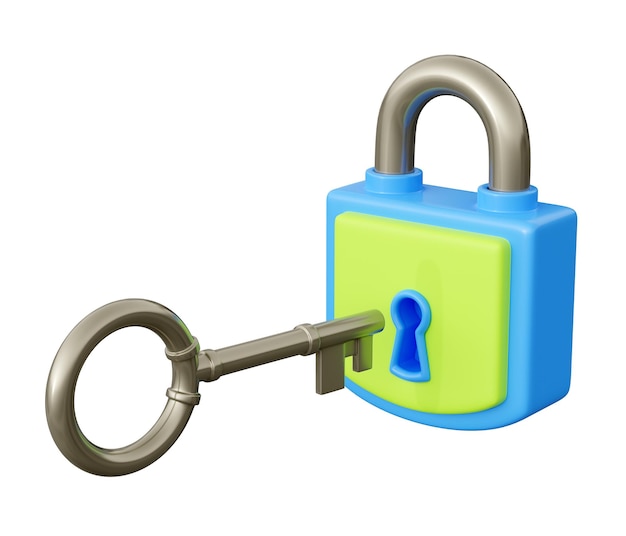 Closed padlock with key 3d render illustration Metal key near hole in secured blue and green lock